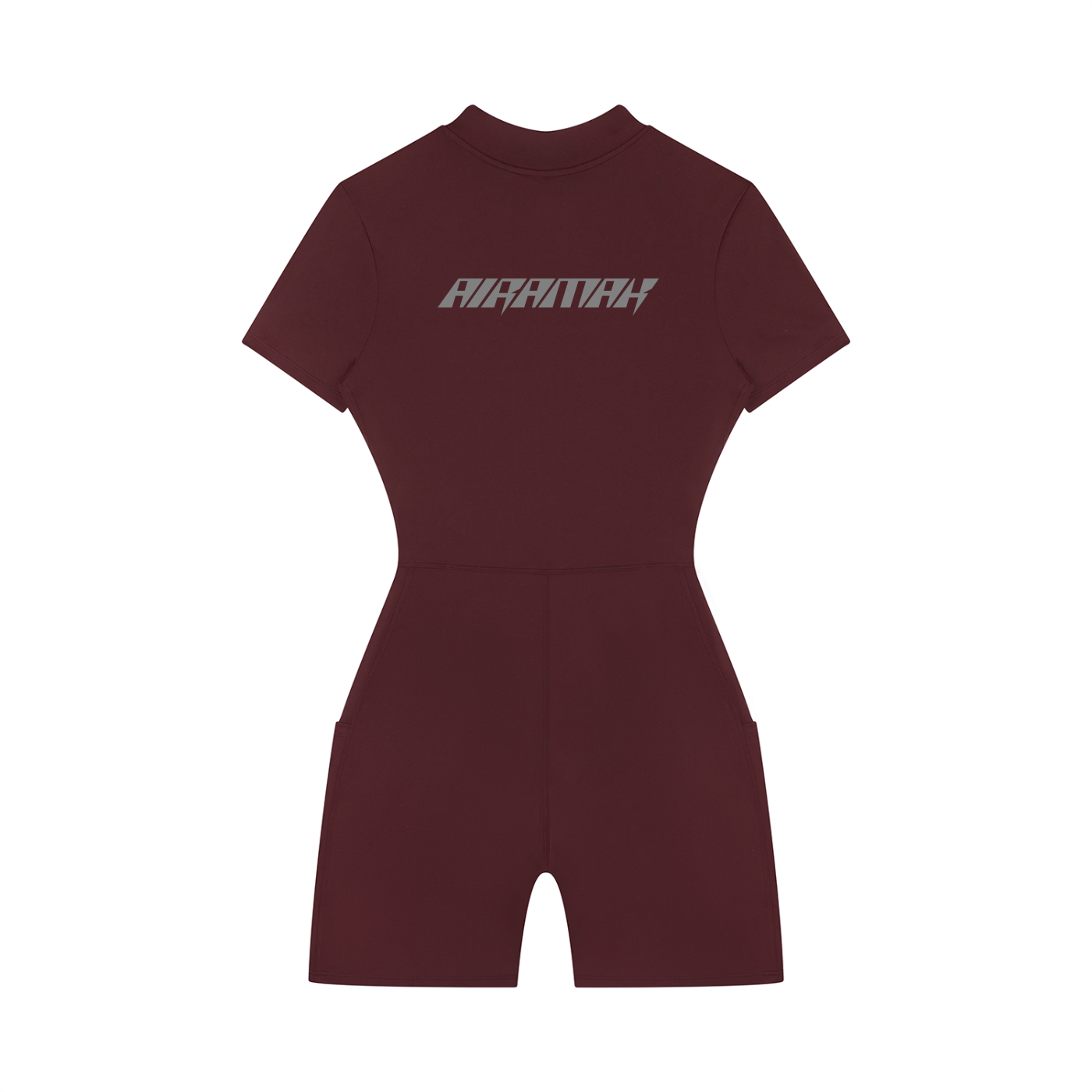 Dark maroon short-sleeve romper with silver text on the chest, form-fitting design.