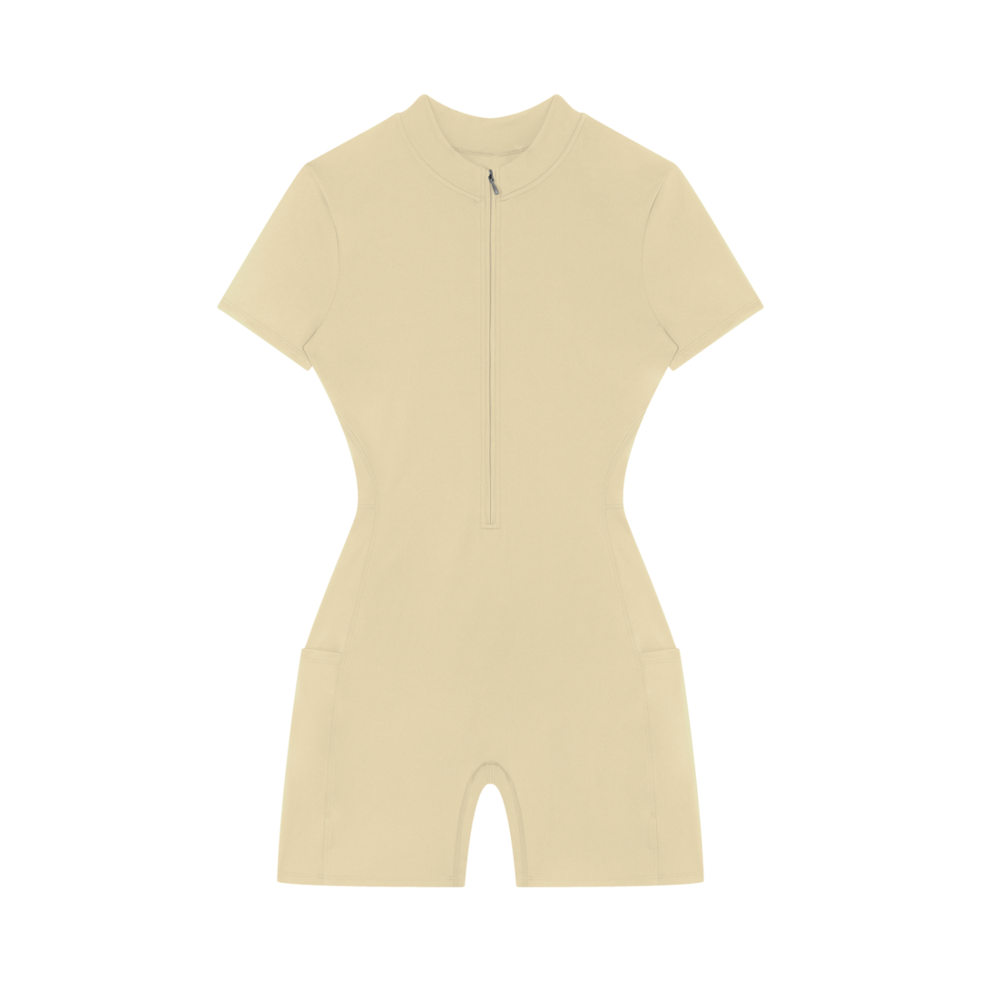 Beige short-sleeve romper with a front zipper, form-fitting silhouette, and mid-thigh length.