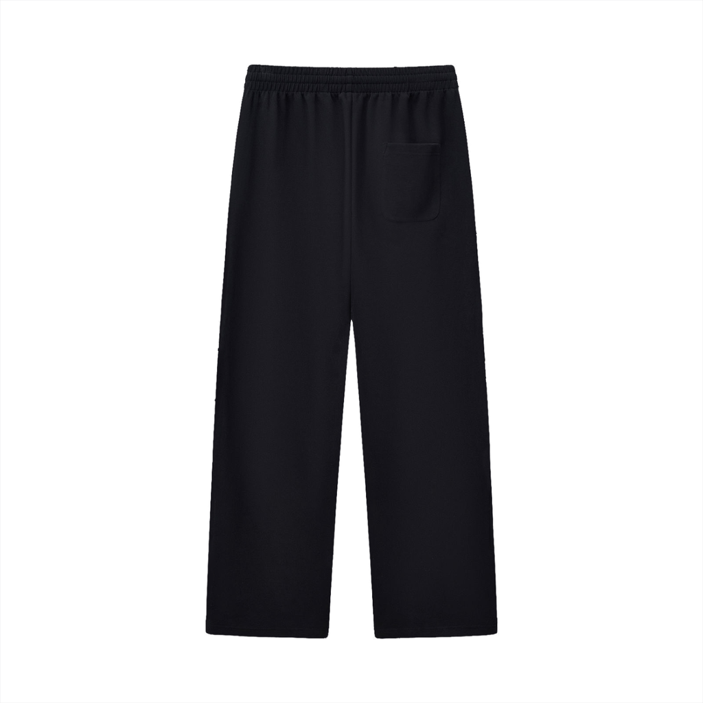 Black wide-leg pants with elastic waistband and a back pocket, set against a white background.