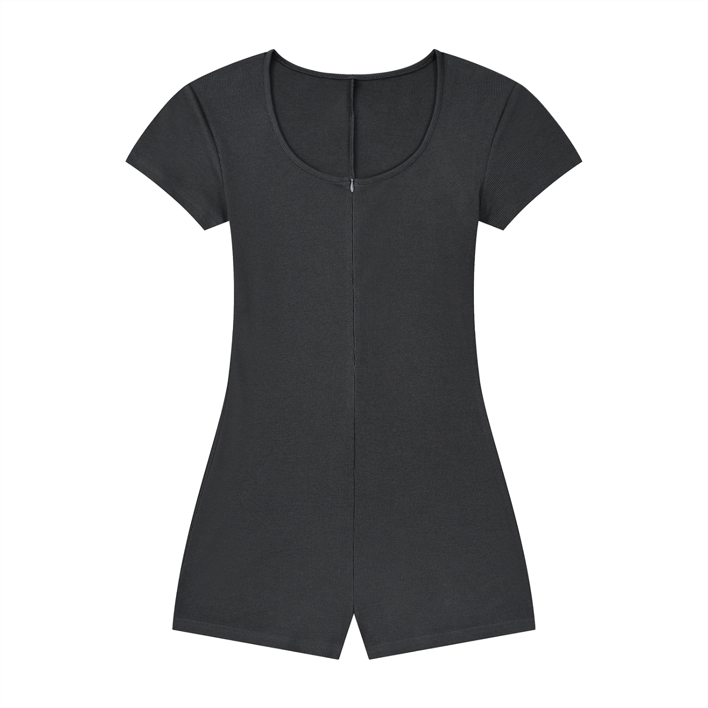 Black short-sleeve romper with a scoop neckline and front zipper, displayed on a white background.