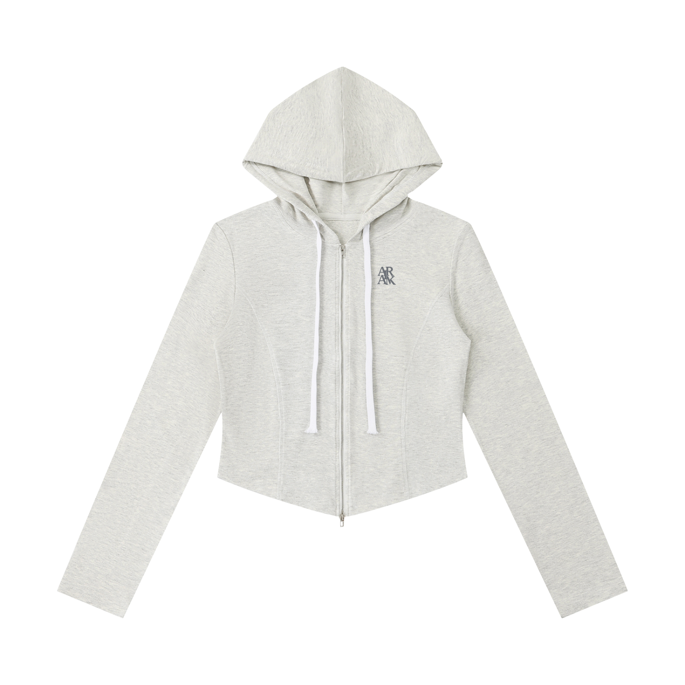 Light gray cropped hoodie with long sleeves, front zipper, hood, and drawstrings.