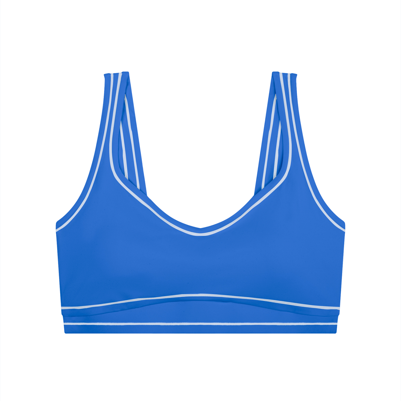 Blue sports bra with double shoulder straps and white trim on a white background.