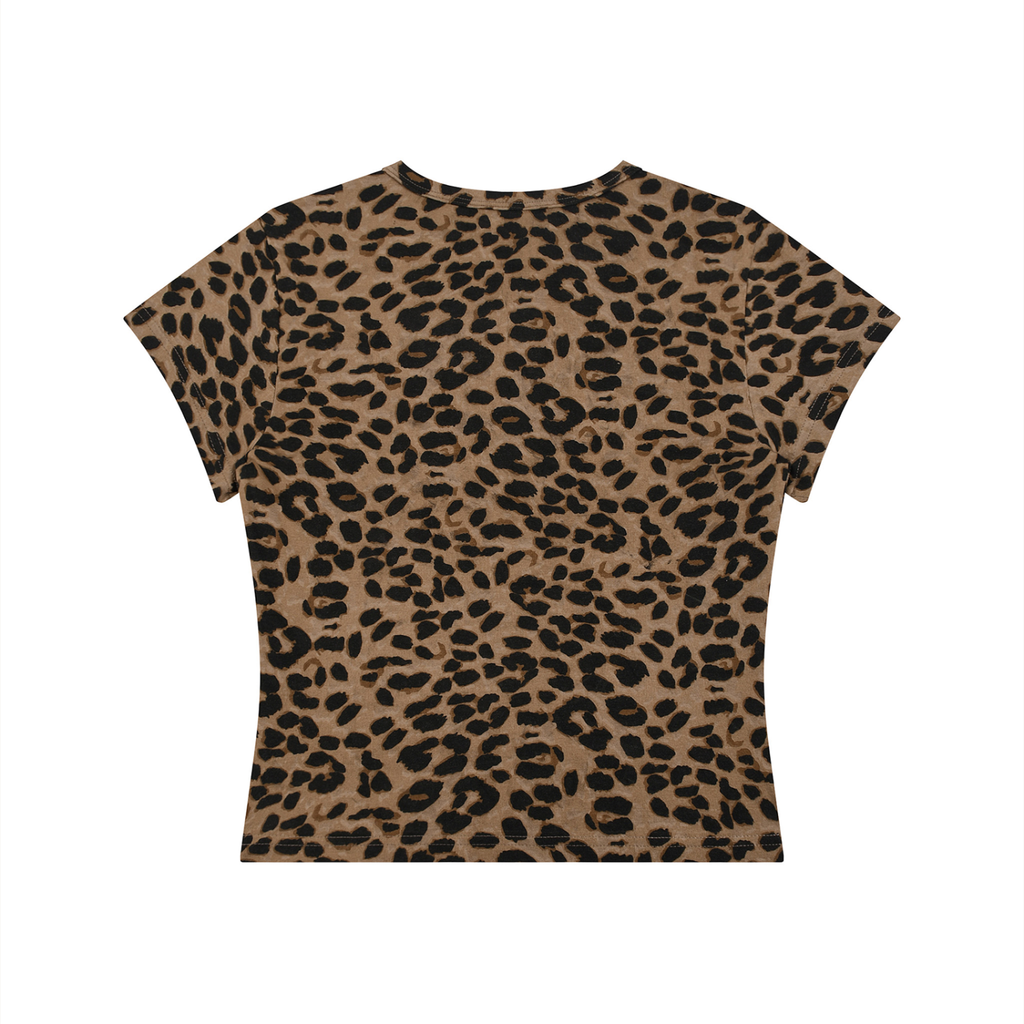 Leopard print T-shirt with short sleeves and a tan background, featuring black and brown spots.