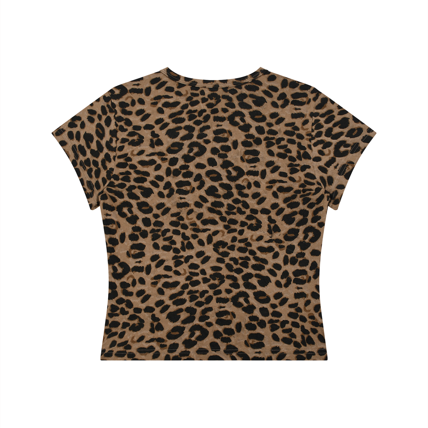 Leopard print T-shirt with short sleeves and a tan background, featuring black and brown spots.