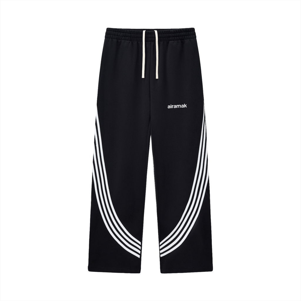 Black track pants with white side stripes and a drawstring waist.