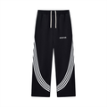 Black track pants with white side stripes and a drawstring waist.