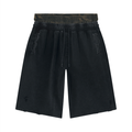 Black shorts with a camouflage waistband, drawstring, and subtle distressed details.