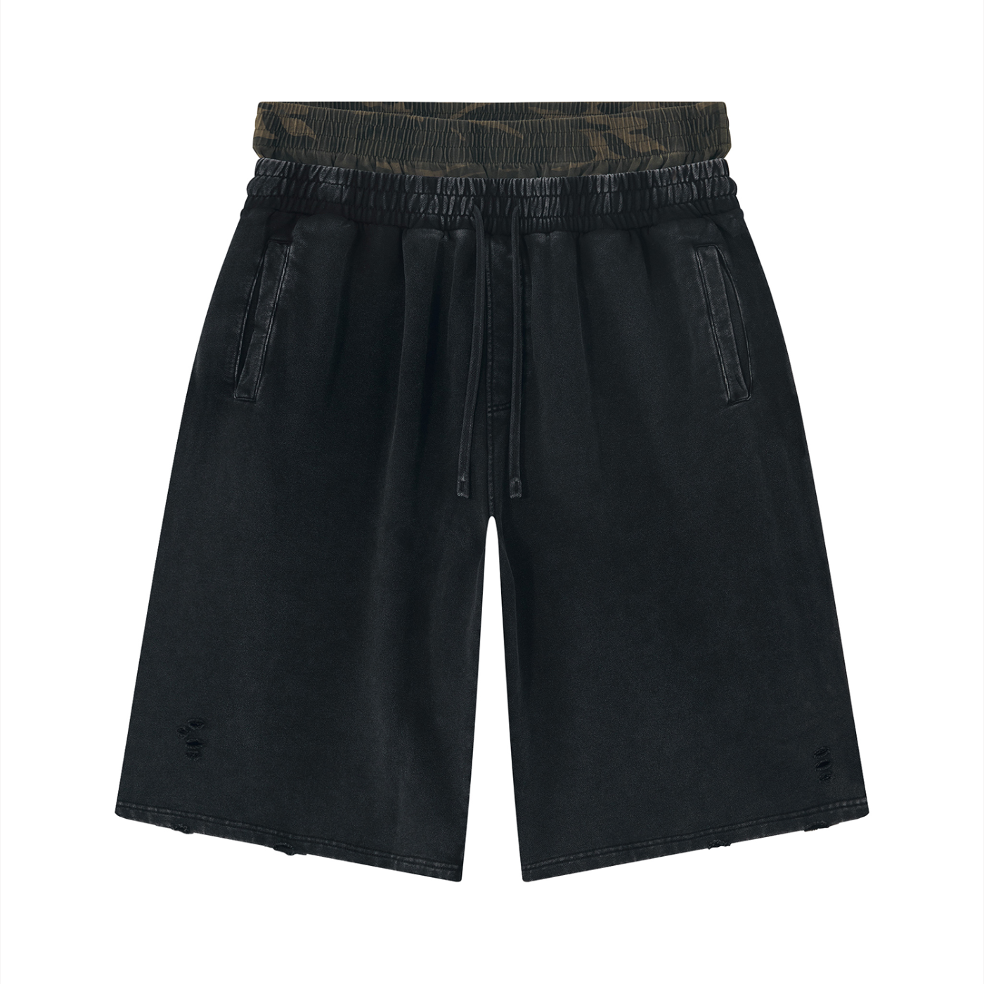 Black shorts with a camouflage waistband, drawstring, and subtle distressed details.