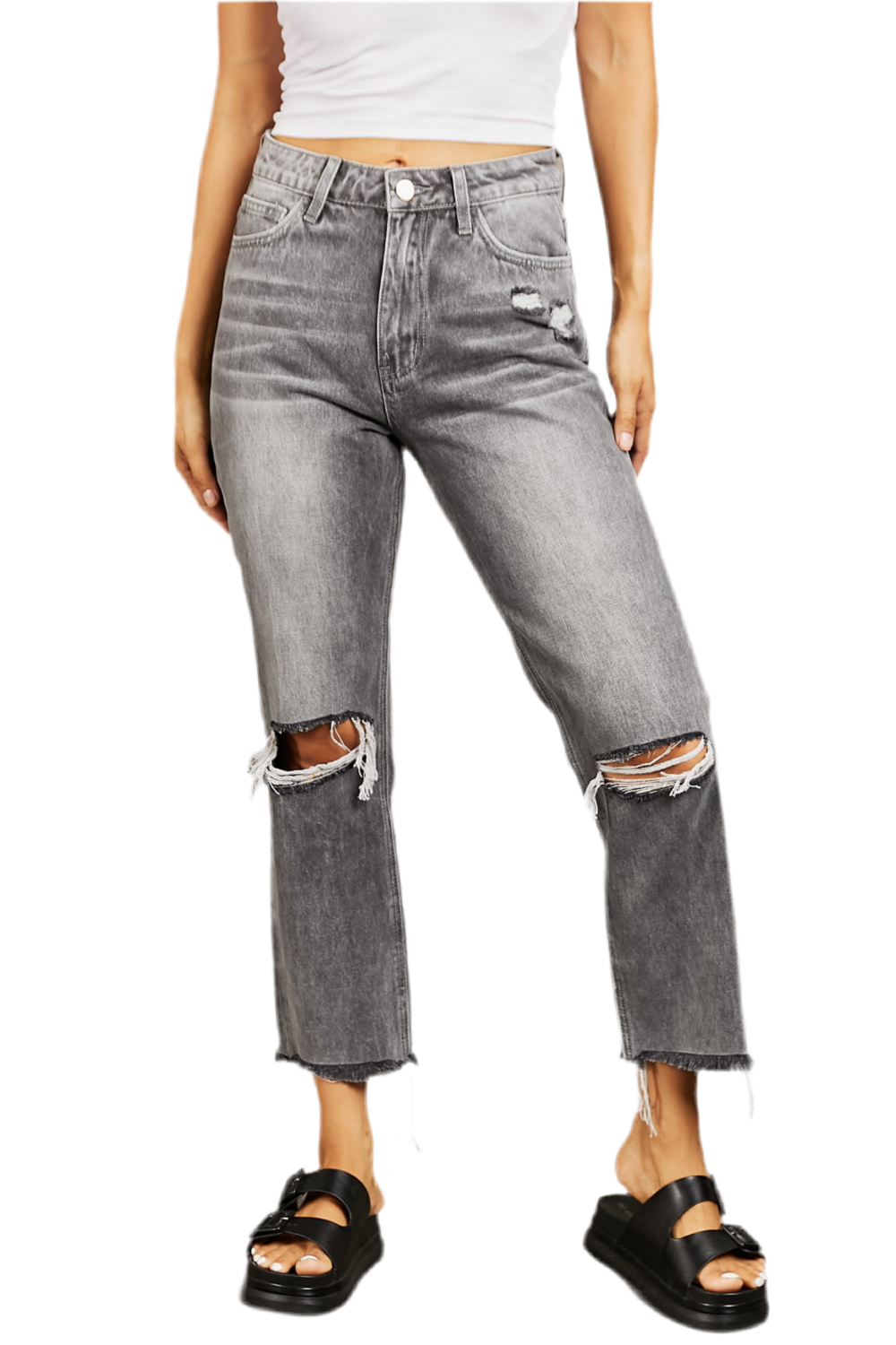 Stone Wash Distressed Cropped Straight Jeans