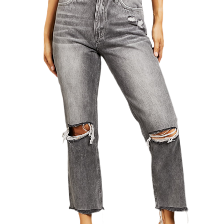 Stone Wash Distressed Cropped Straight Jeans