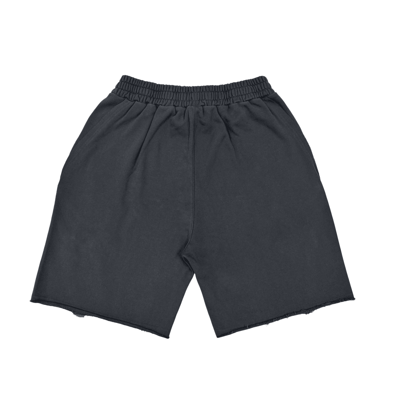 Black casual shorts with an elastic waistband and raw hems.