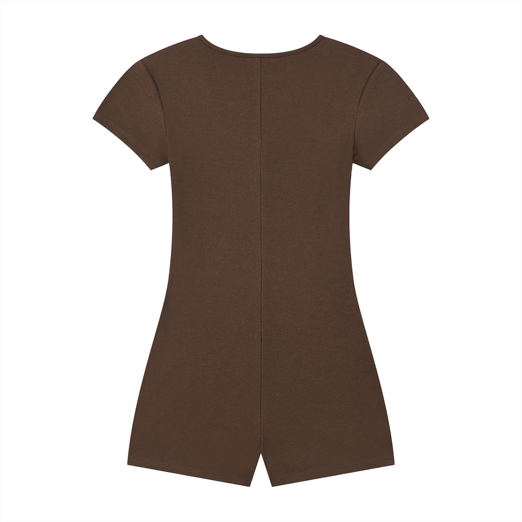 Brown short-sleeve romper shown from the back, featuring a central seam and a subtle V-notch at the hem.