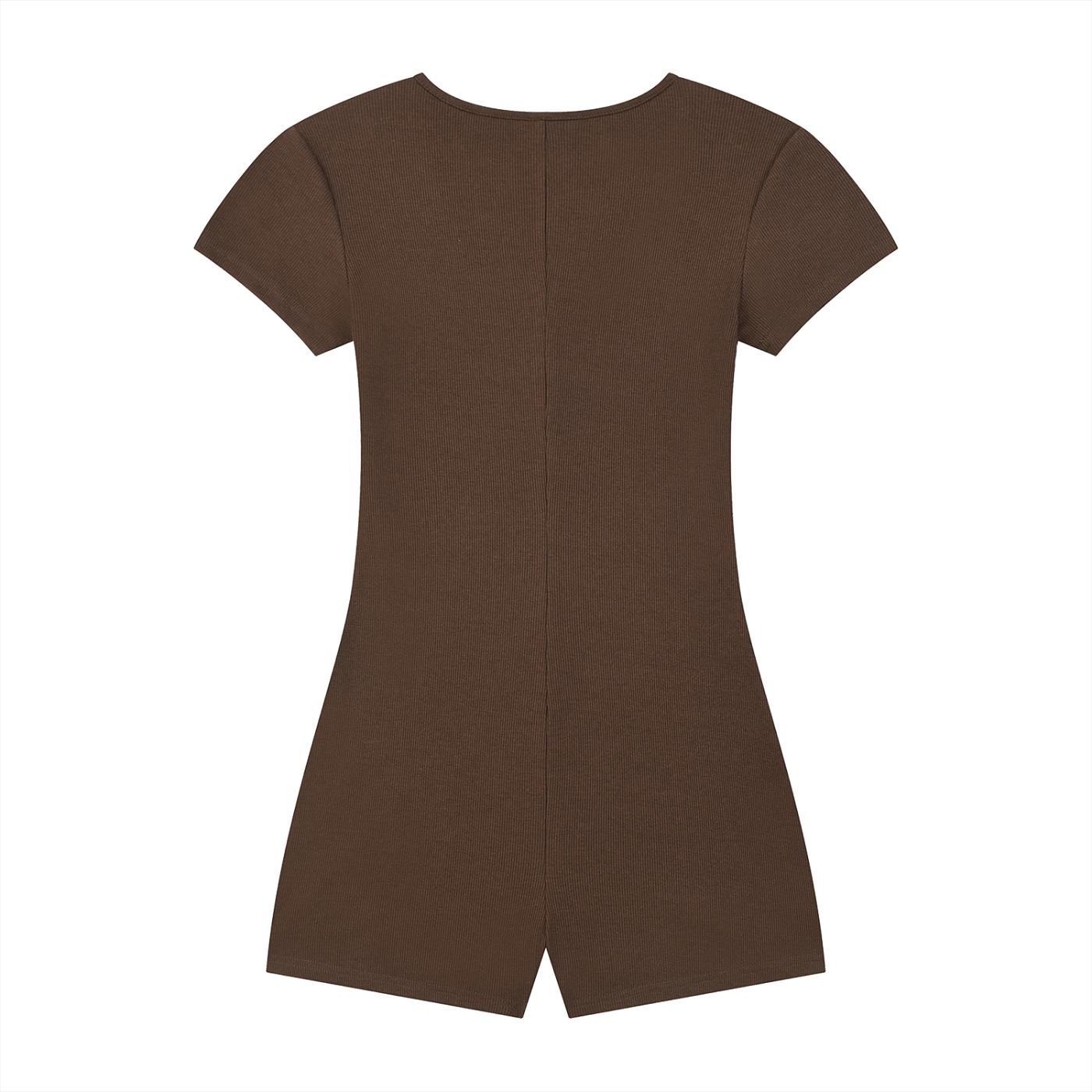Brown short-sleeve romper shown from the back, featuring a central seam and a subtle V-notch at the hem.