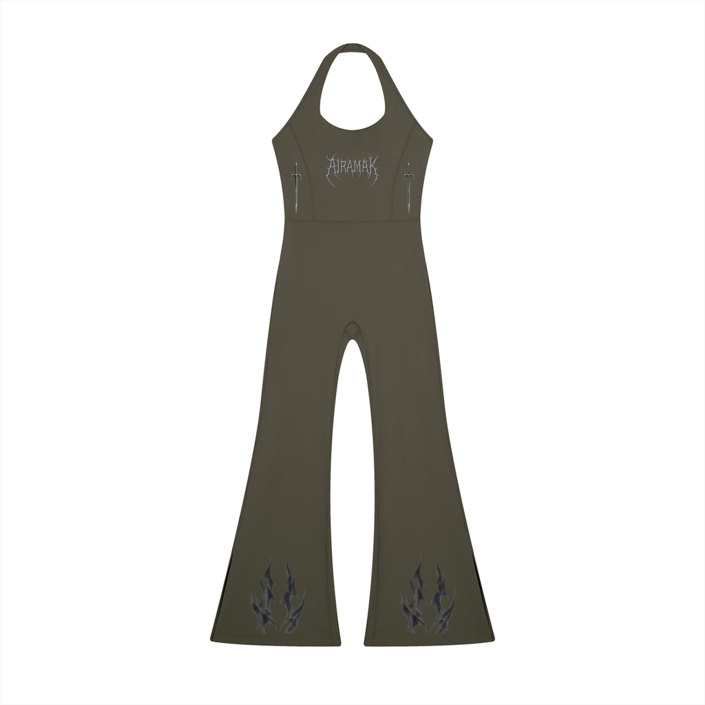 Olive green halter jumpsuit with flared legs and subtle black flame patterns at the hem.