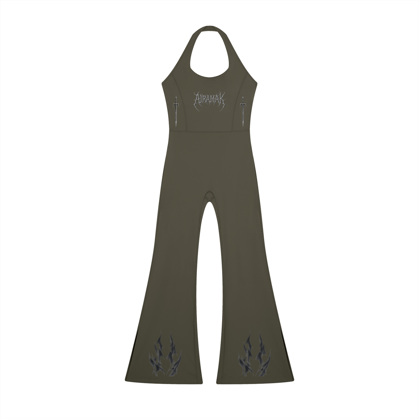 Olive green halter jumpsuit with flared legs and subtle black flame patterns at the hem.