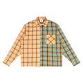 Half orange and half green plaid shirt with long sleeves and a chest pocket.