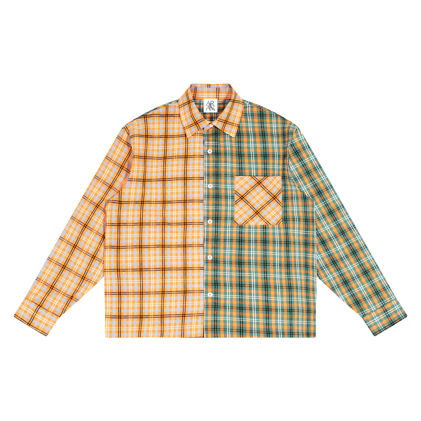 Half orange and half green plaid shirt with long sleeves and a chest pocket.
