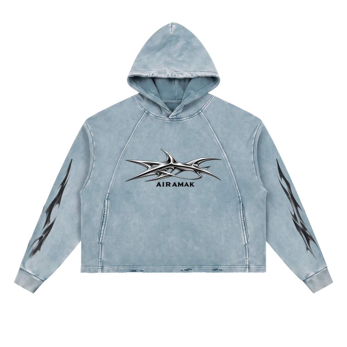 Light blue hoodie with tribal patterns on sleeves and chest, featuring the word "Airamax."