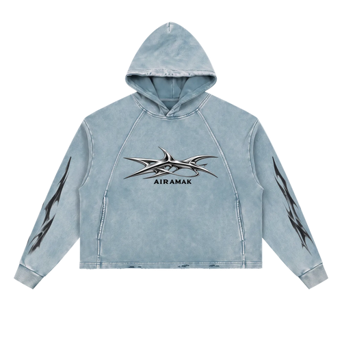 Light blue hoodie with tribal patterns on sleeves and chest, featuring the word "Airamax."