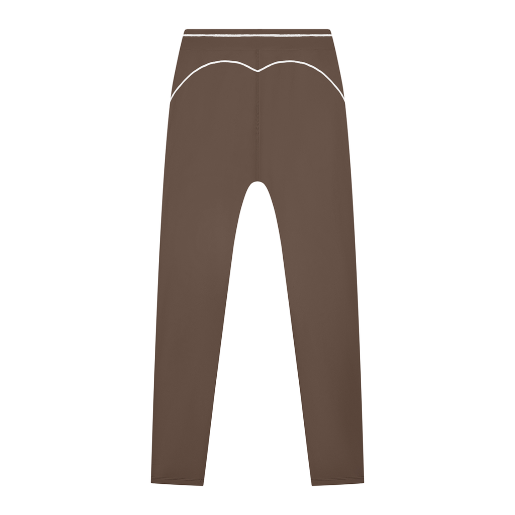 Brown leggings with white stitching, featuring a curved seam pattern on the upper back.