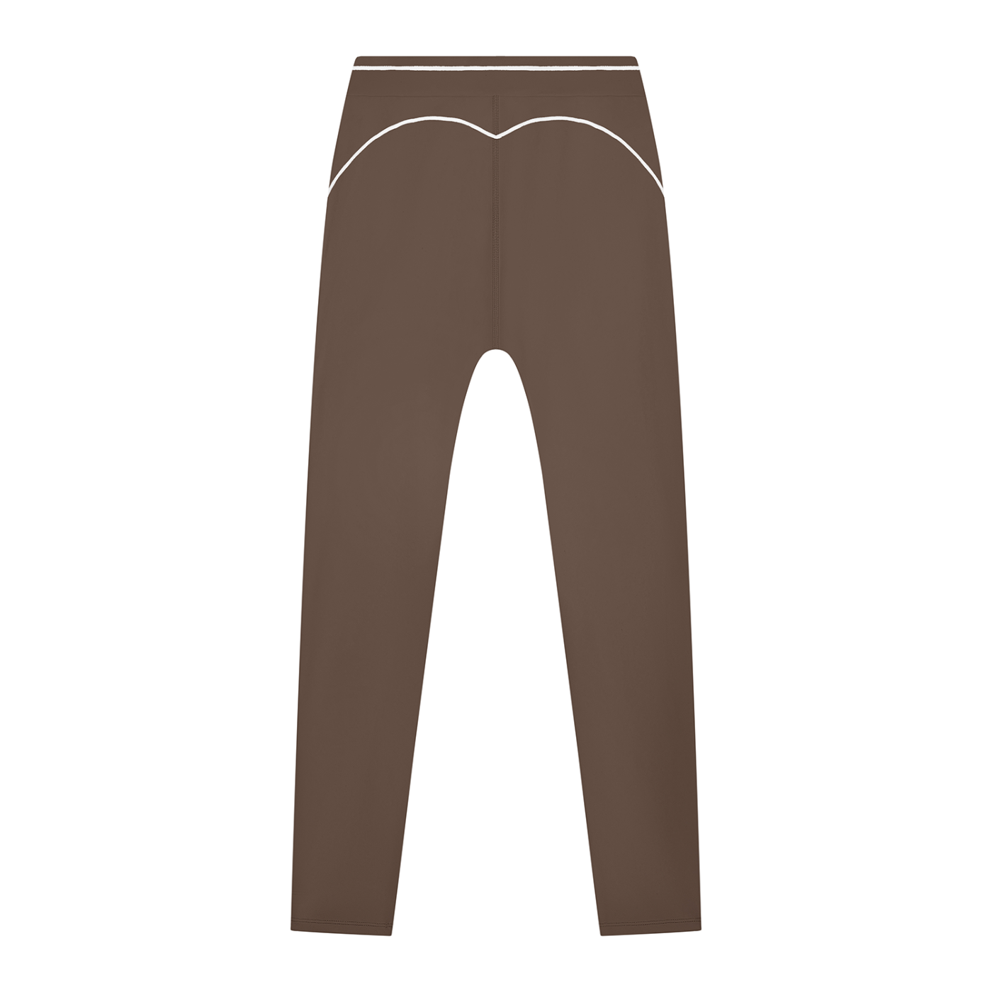 Brown leggings with white stitching, featuring a curved seam pattern on the upper back.