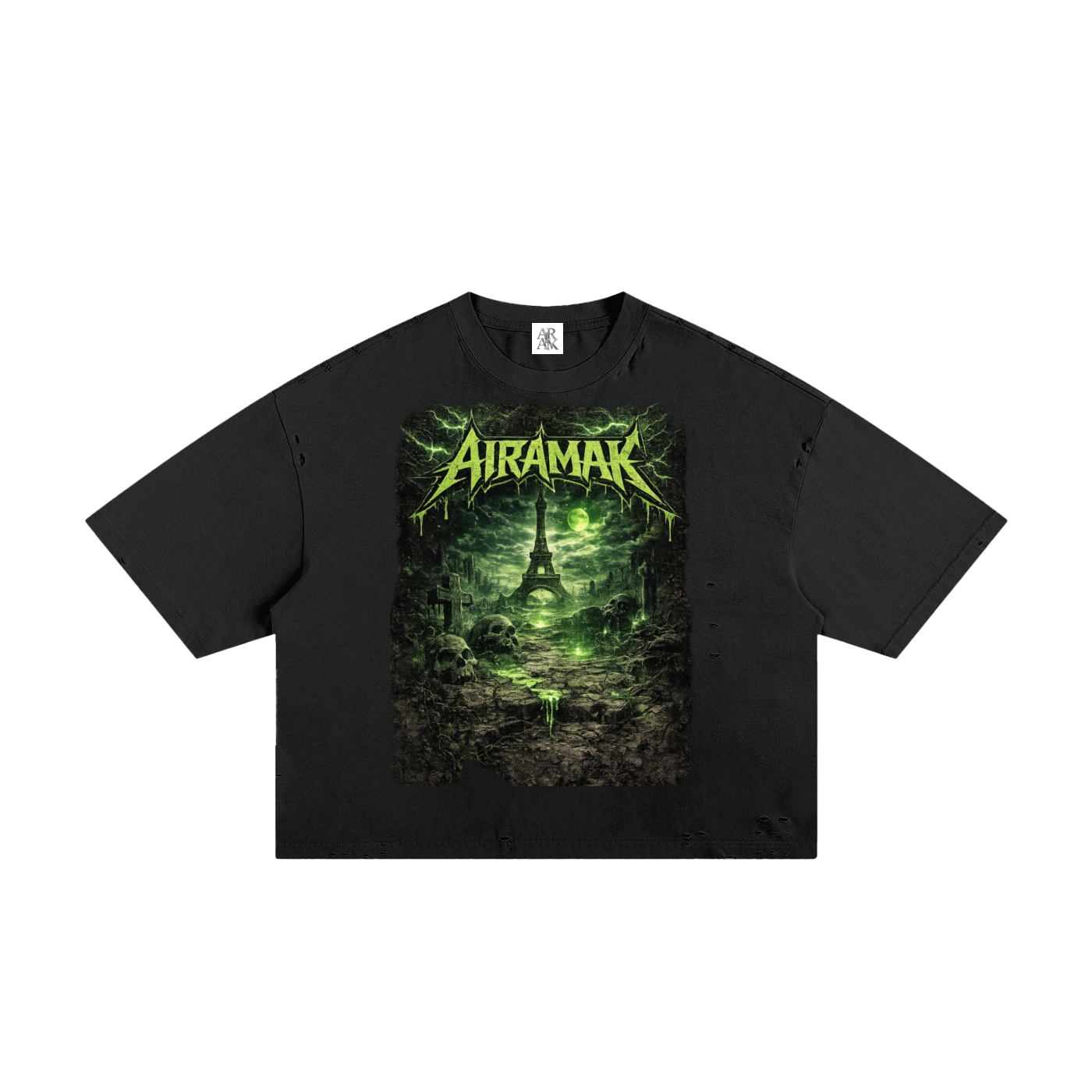Black T-shirt with a green and black design featuring a tower and "AIRMAR" text.