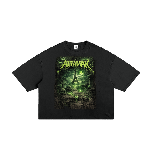 Black T-shirt with a green and black design featuring a tower and "AIRMAR" text.