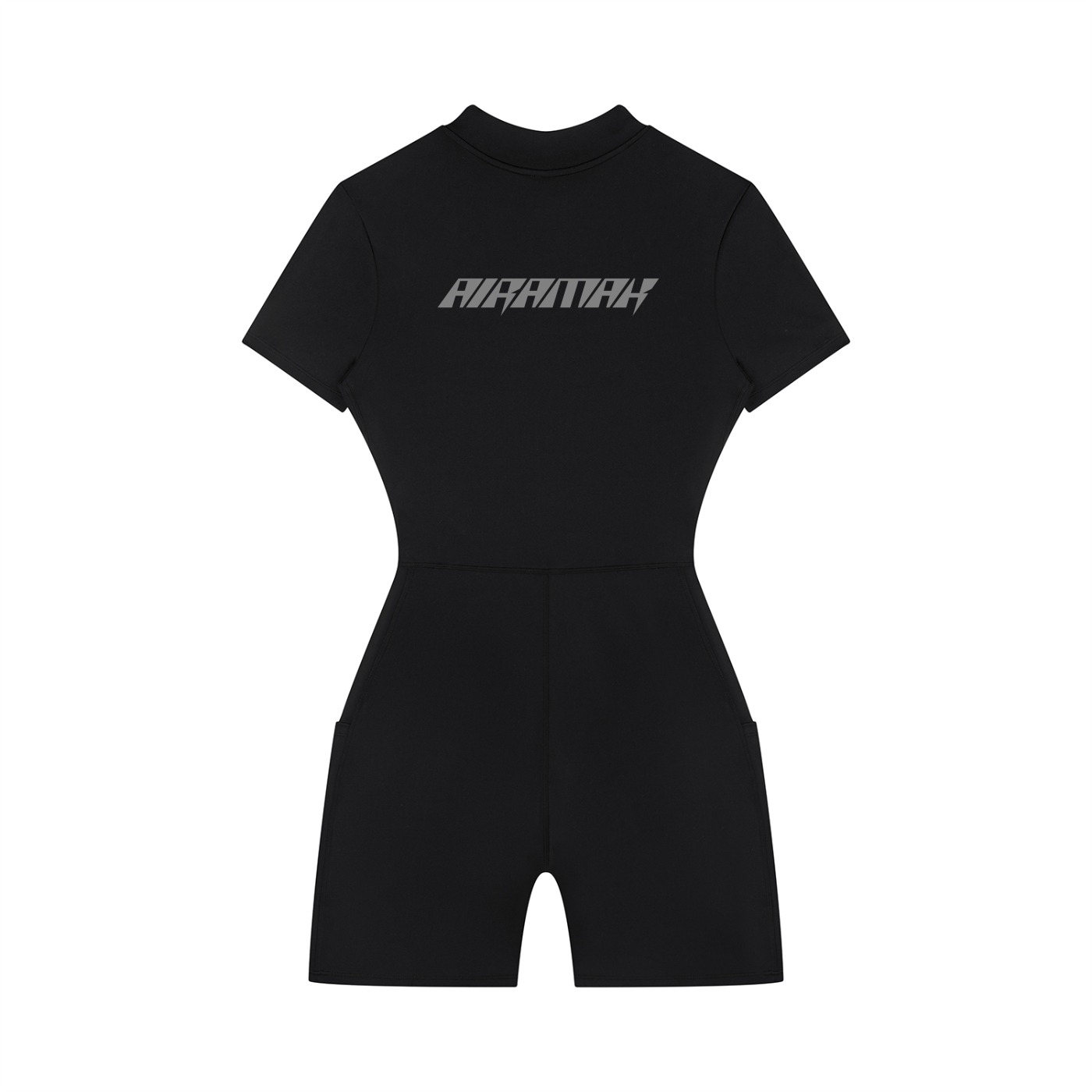 Black short-sleeve romper with "AIRARIAH" text on chest, featuring a fitted waist and high neckline.