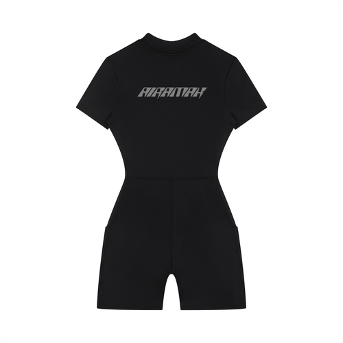 Black short-sleeve romper with "AIRARIAH" text on chest, featuring a fitted waist and high neckline.