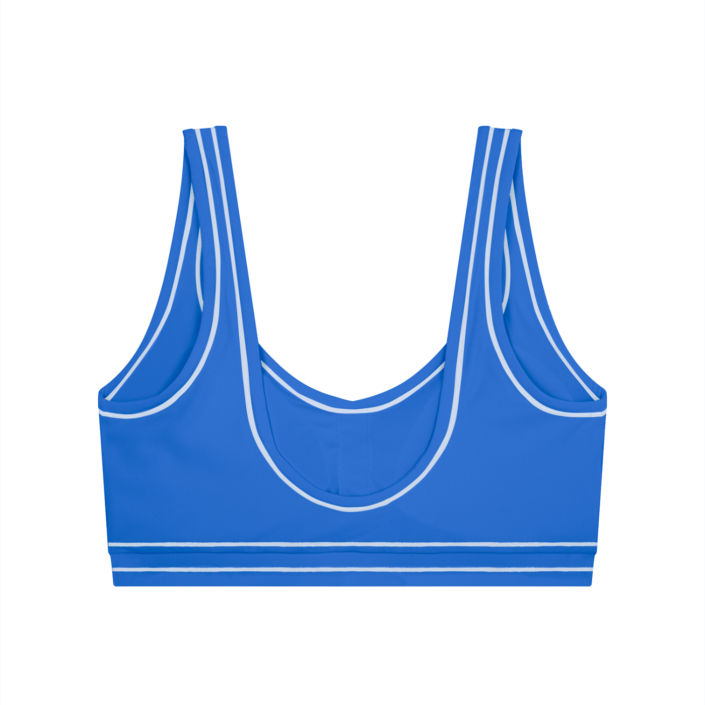 Blue sports bra with white trim, scoop neck, and double shoulder straps on a white background.