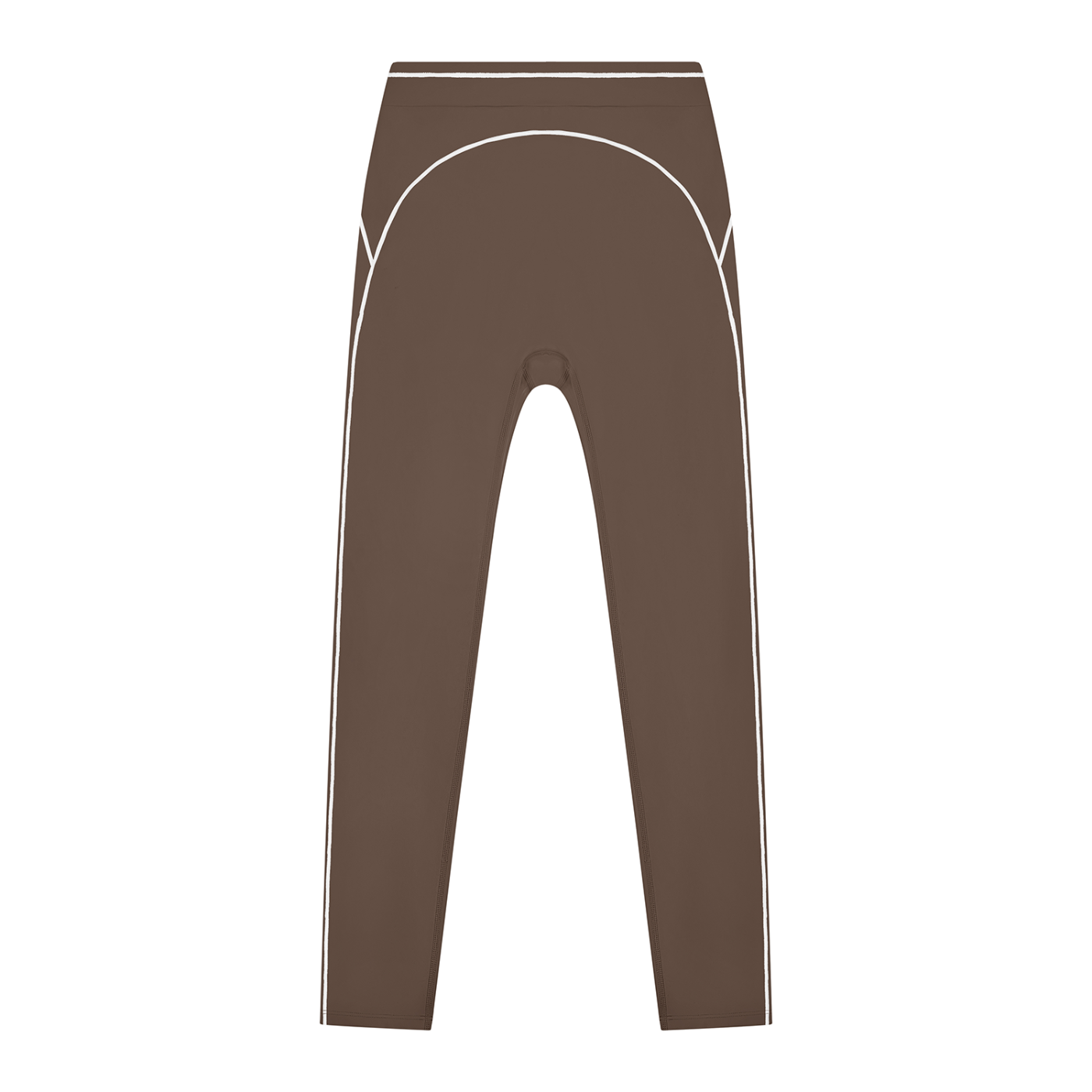 Brown leggings with white curved seams and a high waist, viewed from the back.