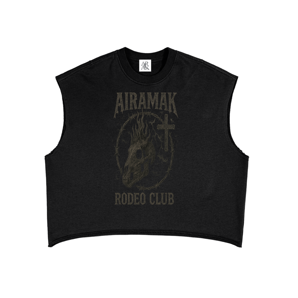 Black sleeveless shirt with a dark skull and cross design, text reads "AIRAMAK RODEO CLUB".