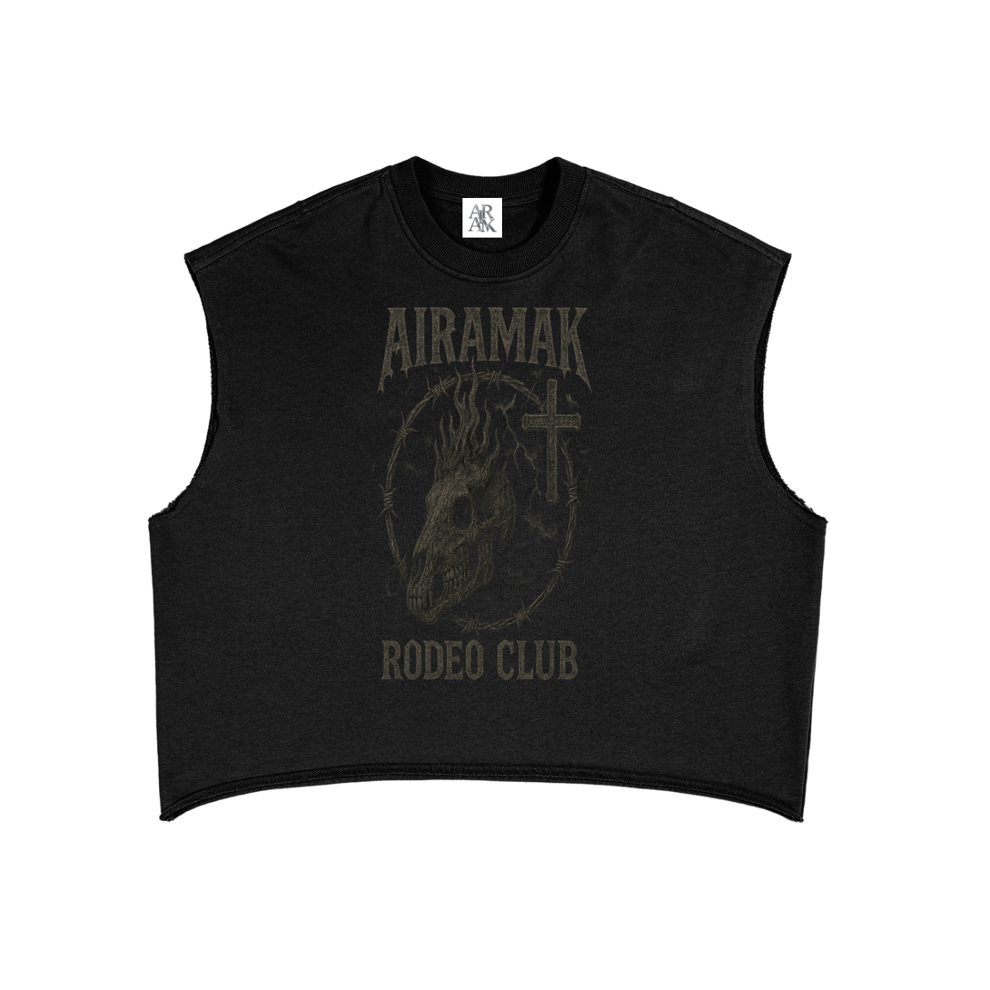 Black sleeveless shirt with a dark skull and cross design, text reads "AIRAMAK RODEO CLUB".