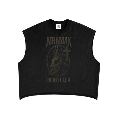 Black sleeveless shirt with a dark skull and cross design, text reads "AIRAMAK RODEO CLUB".