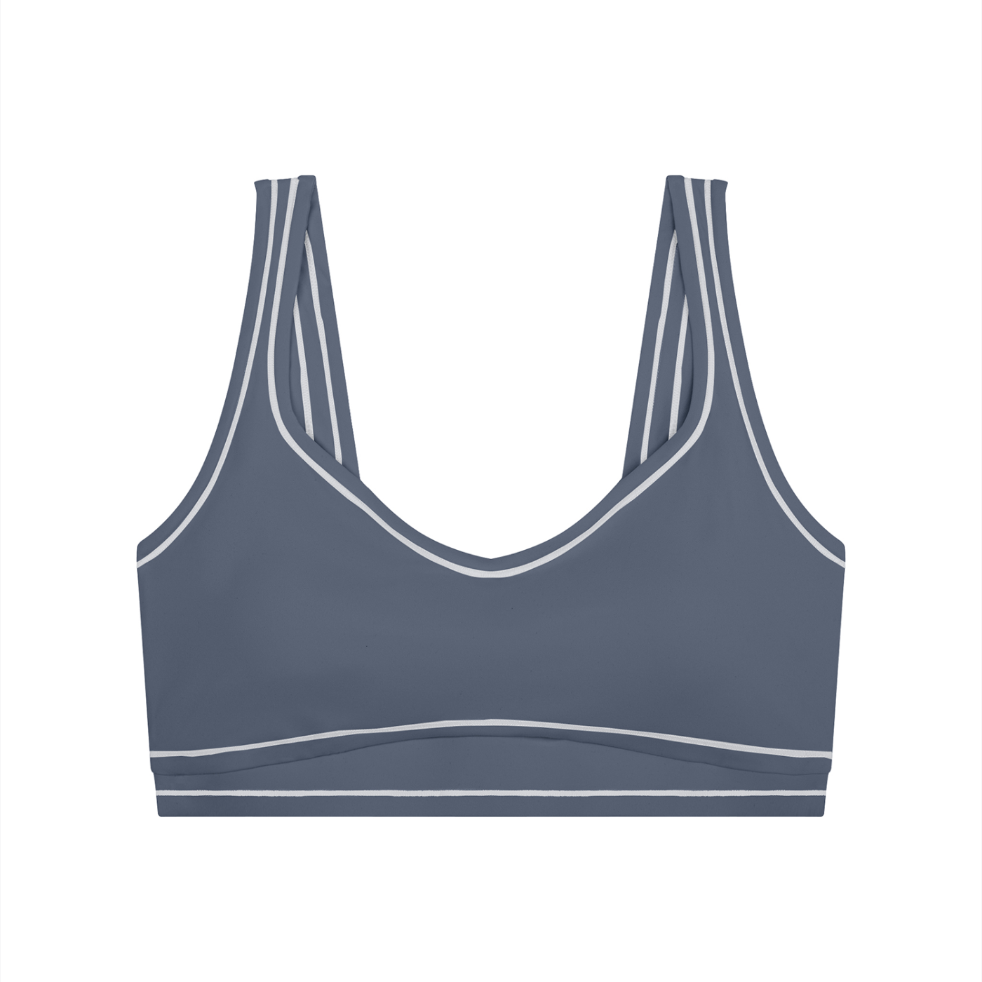 Gray sports bra with double straps and white trim accents.