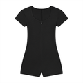 Black short-sleeve romper with a scoop neckline and front zipper, shown on a white background.