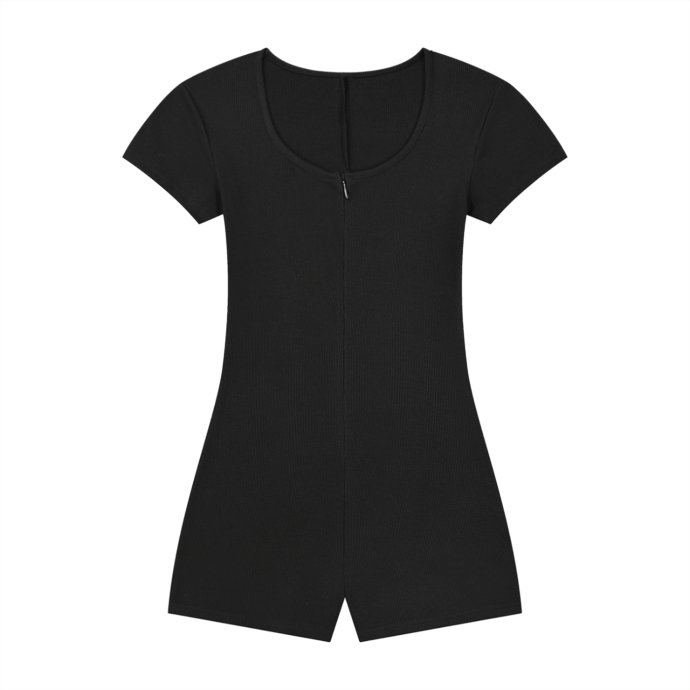 Black short-sleeve romper with a scoop neckline and front zipper, shown on a white background.