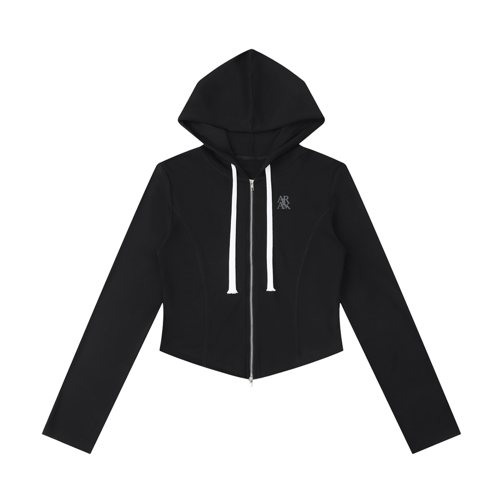 Black hooded jacket with white drawstrings, zip closure, and small logo on the chest.