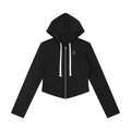 Black hooded jacket with white drawstrings, zip closure, and small logo on the chest.