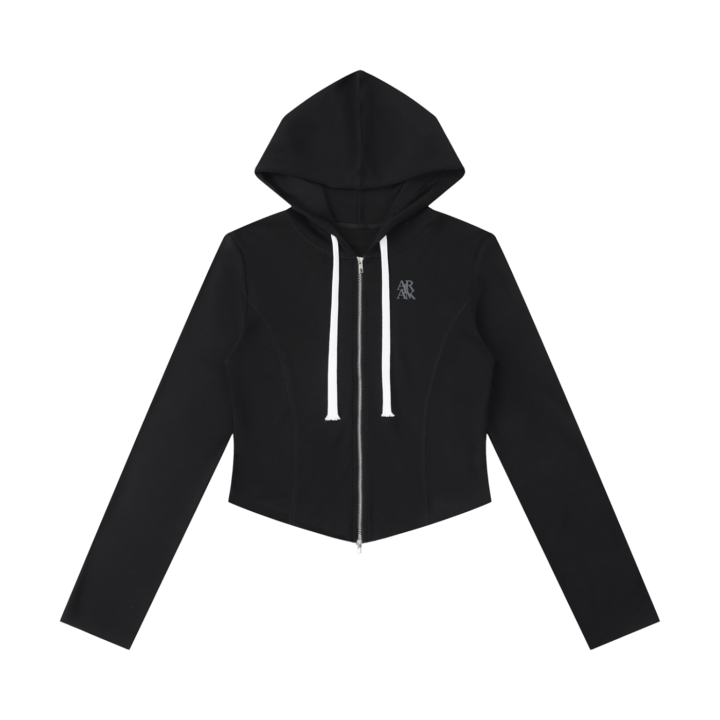 Black hooded jacket with white drawstrings, zip closure, and small logo on the chest.