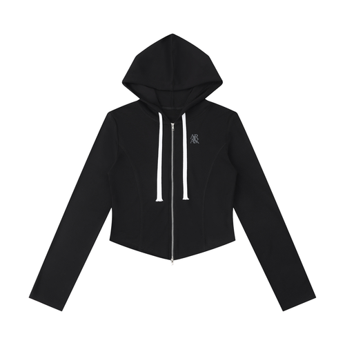 Black hooded jacket with white drawstrings, zip closure, and small logo on the chest.