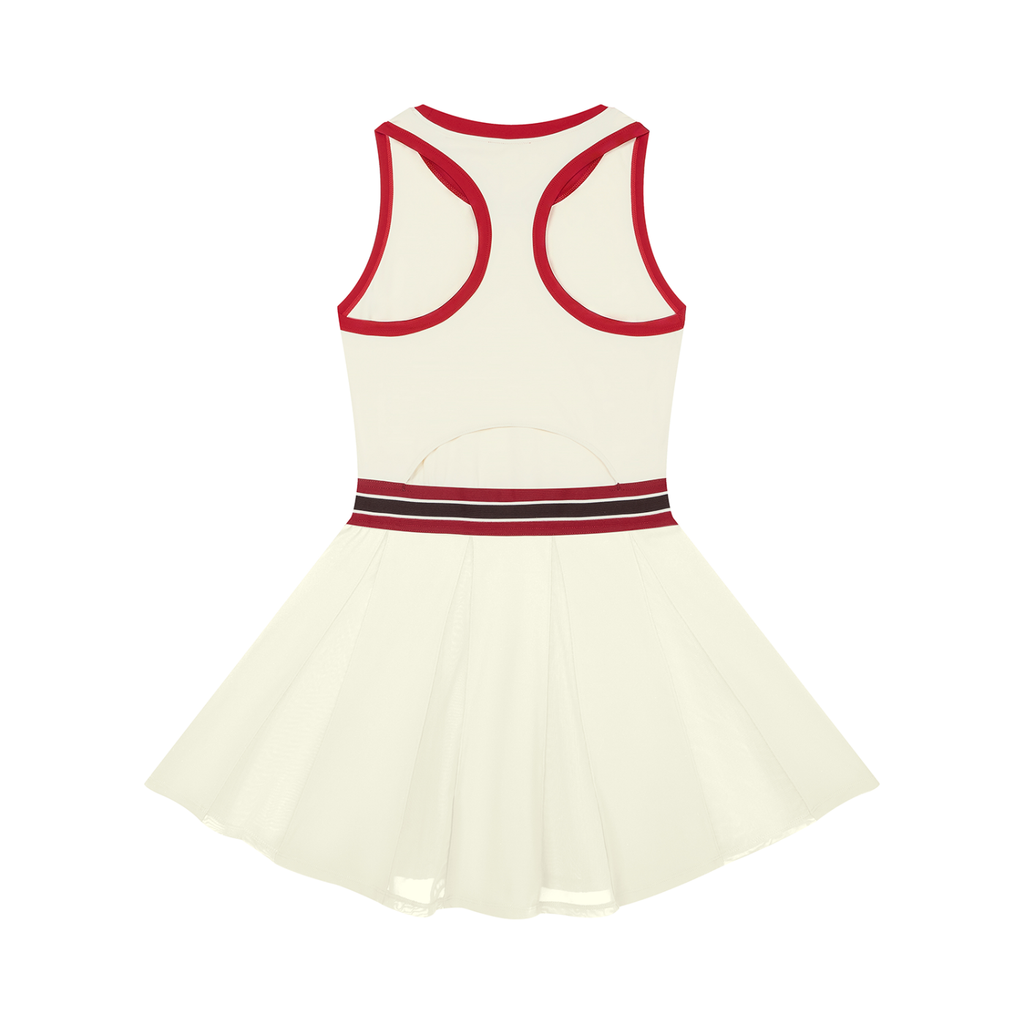 White sleeveless dress with red trim and striped waistband, flared skirt.