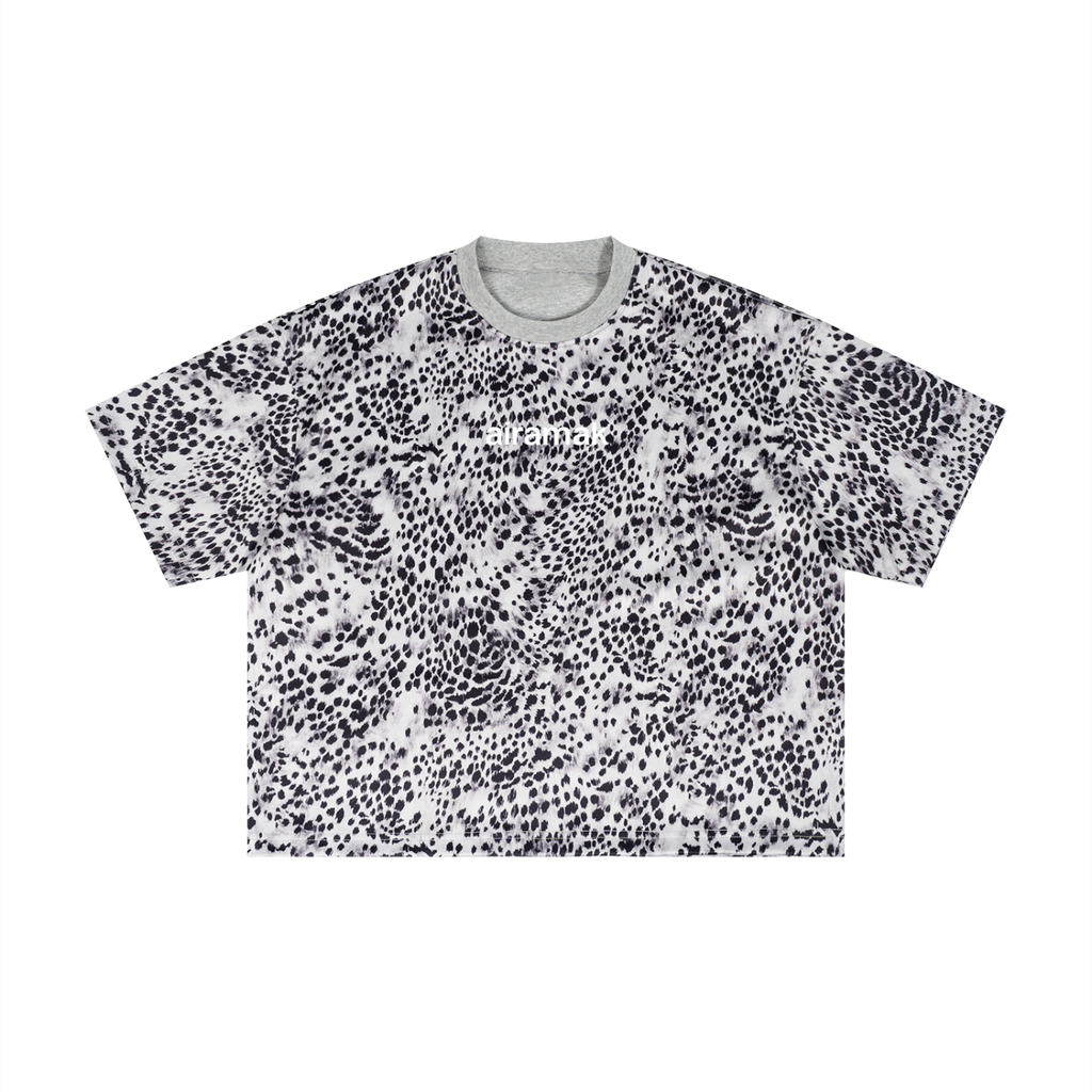 Gray T-shirt with a black speckled pattern and a light gray collar.