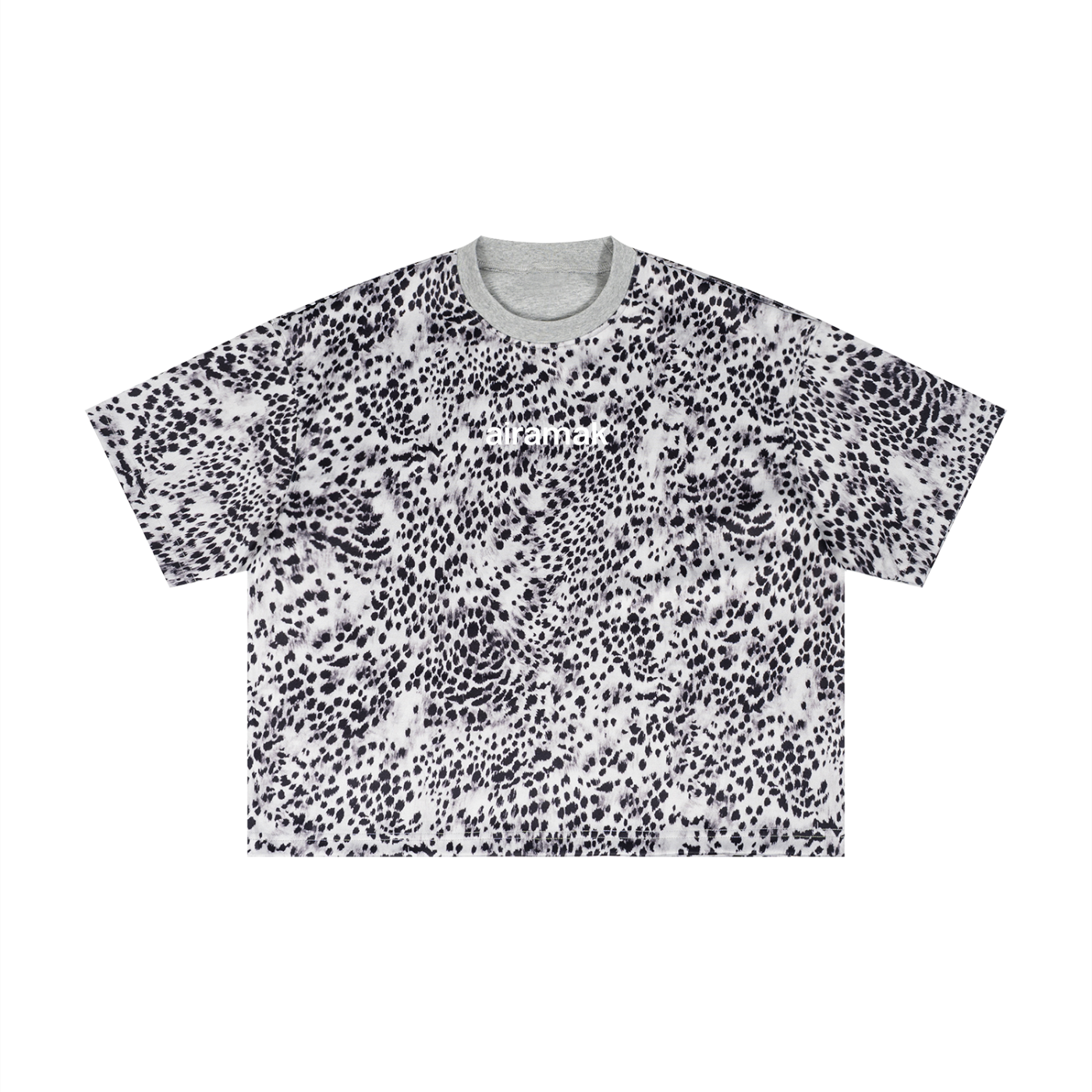 Gray T-shirt with a black speckled pattern and a light gray collar.