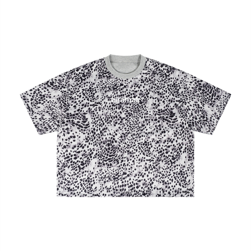 Gray T-shirt with a black speckled pattern and a light gray collar.
