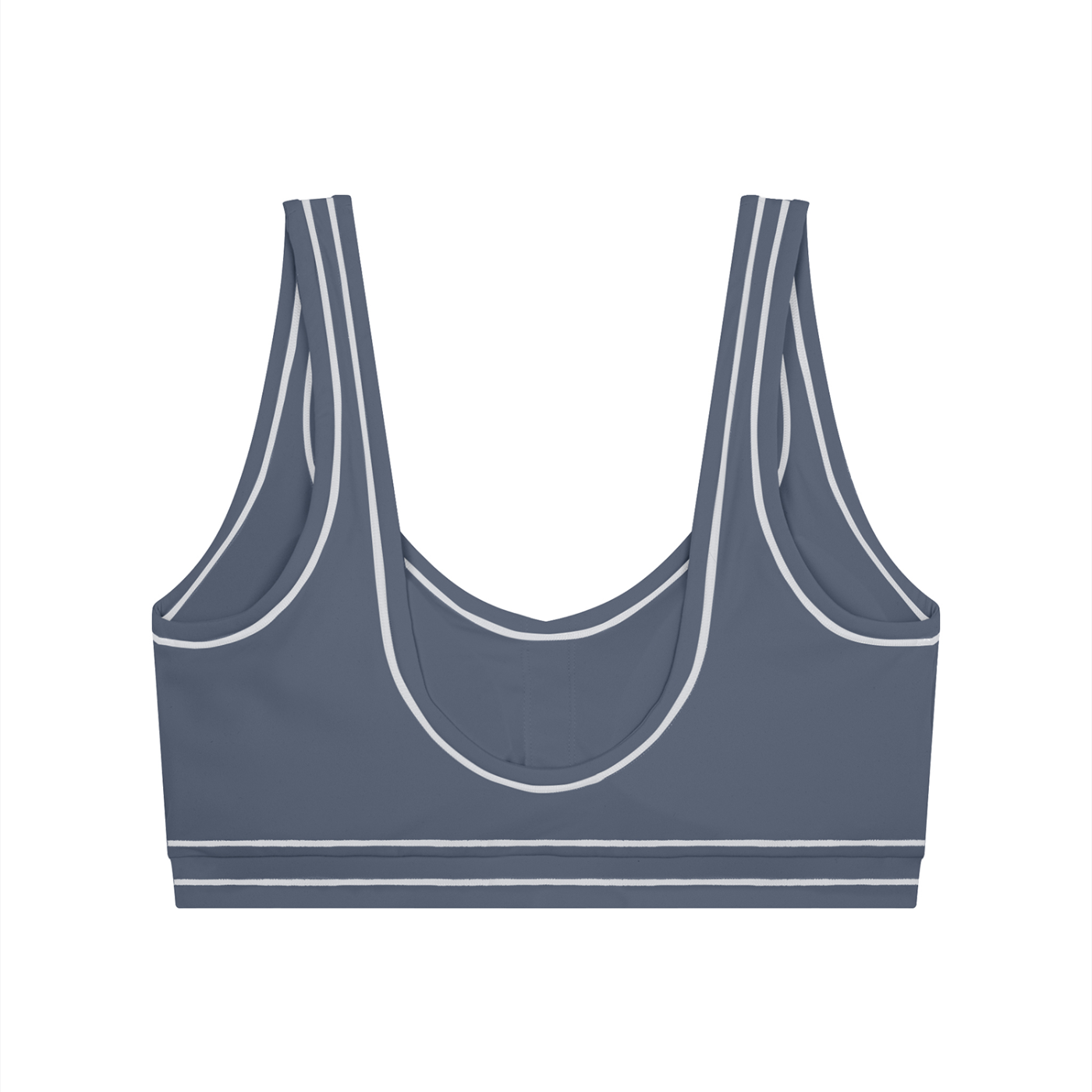 Dark gray sports bra with white trim, wide straps, and a scoop neck design.