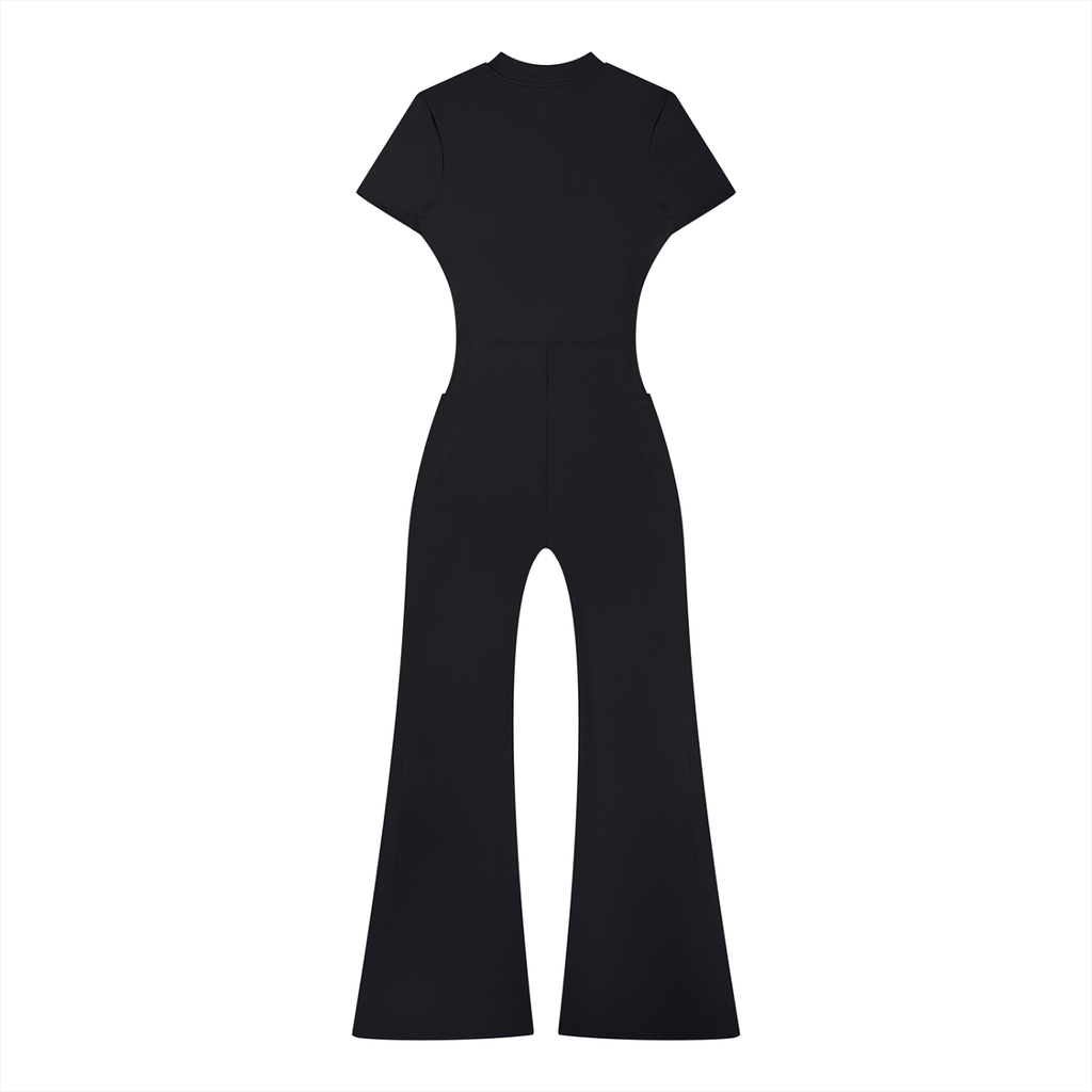 Black short-sleeve jumpsuit with flared legs on a white background.