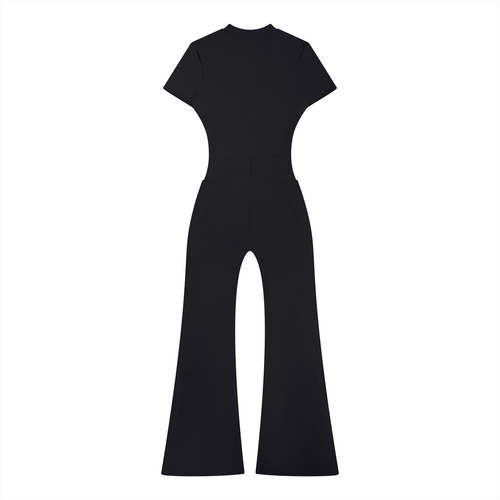 Black short-sleeve jumpsuit with flared legs on a white background.