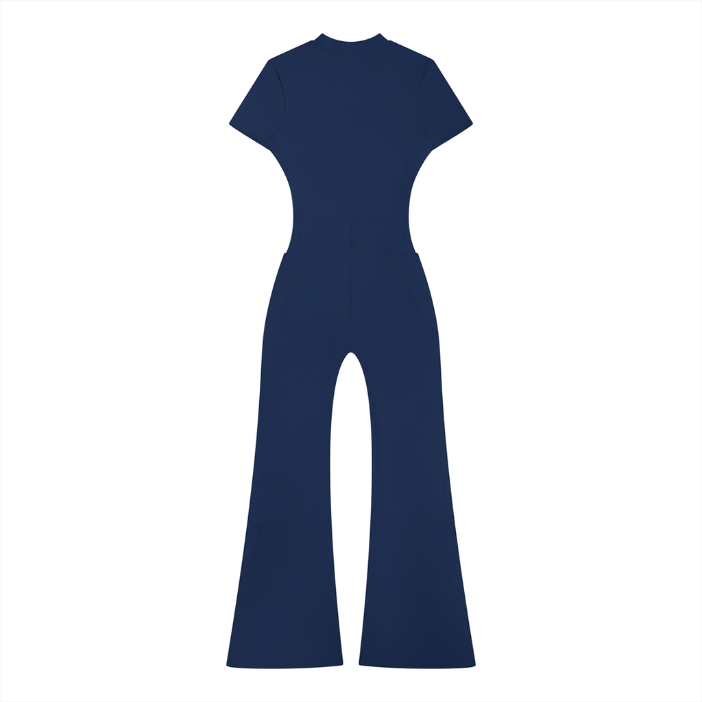 Navy blue jumpsuit with short sleeves and wide flared legs, displayed on a white background.