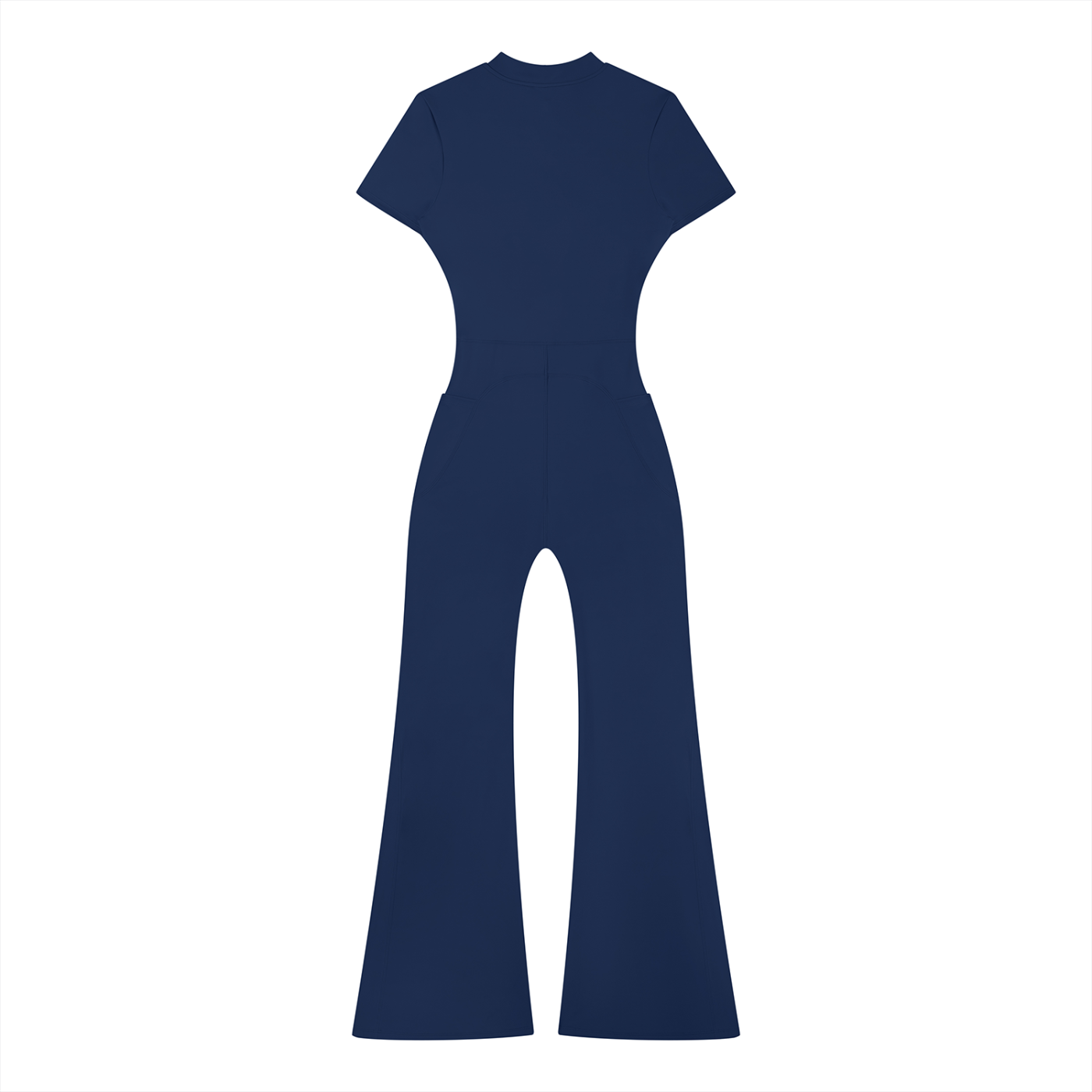 Navy blue jumpsuit with short sleeves and wide flared legs, displayed on a white background.